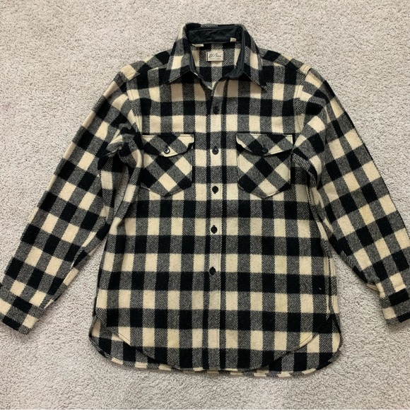 VINTAGE Men's L.L. BEAN White Black BUFFALO PLAID Pure WOOL Shirt Jacket SHACKET - Picture 1 of 4